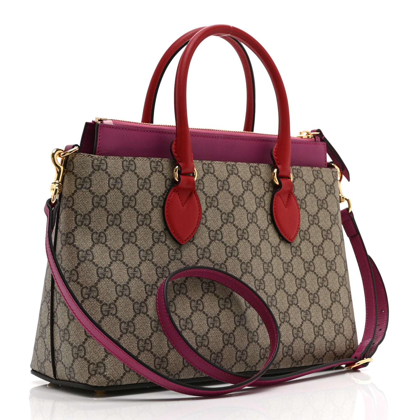 GG Supreme Monogram Moon Calfskin Small Zip Top Tote Beige Ebony Hibiscus Red New Rosette