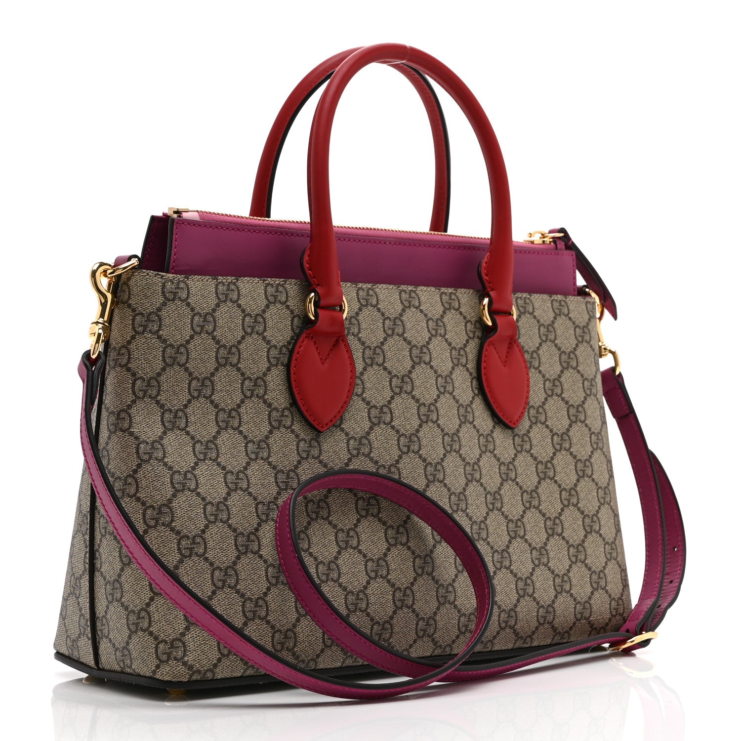 Gucci GG Supreme Monogram Moon Calfskin Small Zip Top Tote Beige Ebony Hibiscus Red New Rosette 3 of 11