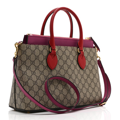 Gucci GG Supreme Monogram Moon Calfskin Small Zip Top Tote Beige Ebony Hibiscus Red New Rosette 3 of 11