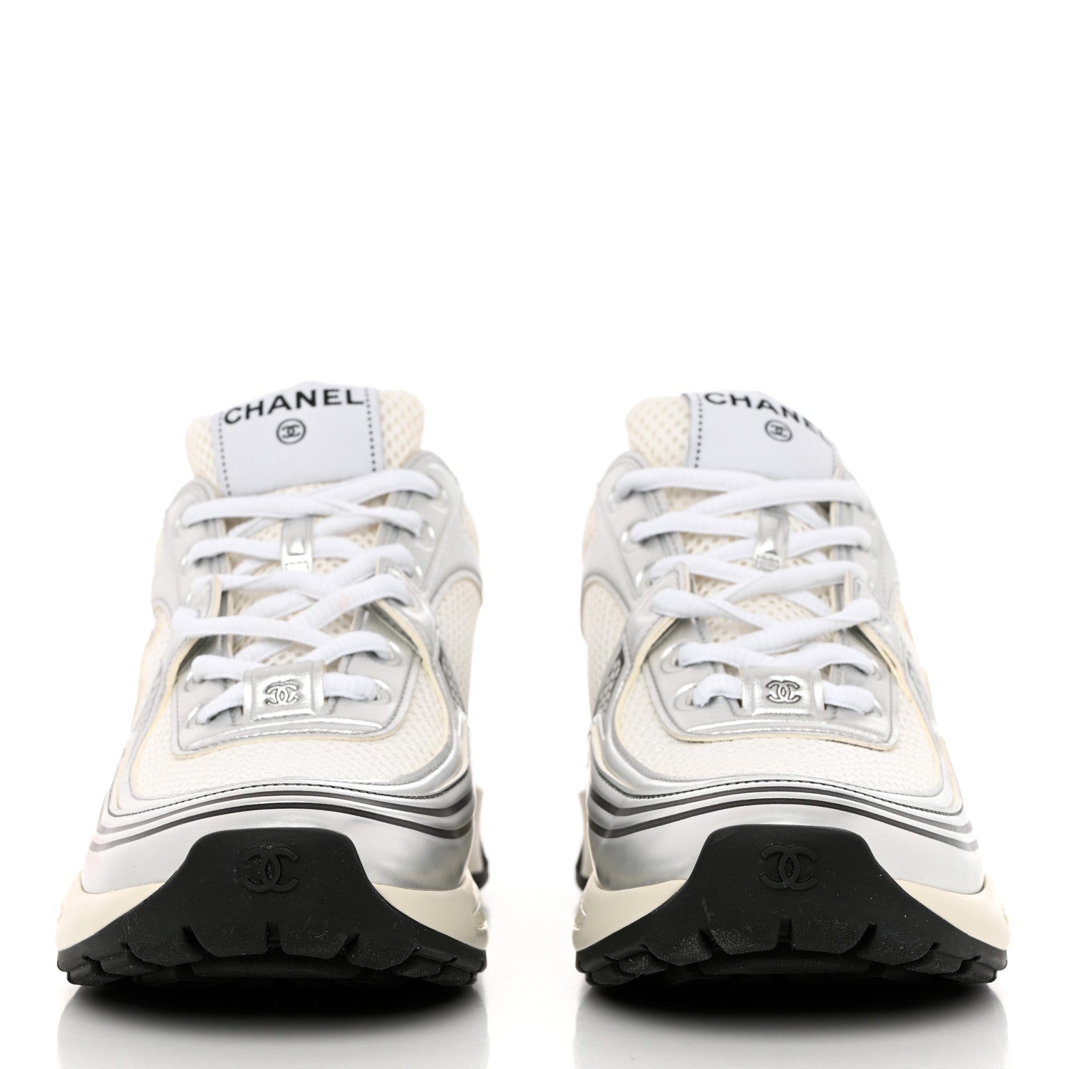 Chanel Fabric Laminated Calfskin Stretch CC Sneakers 38 White Silver 2 of 11