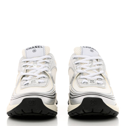 Chanel Fabric Laminated Calfskin Stretch CC Sneakers 38 White Silver 2 of 11