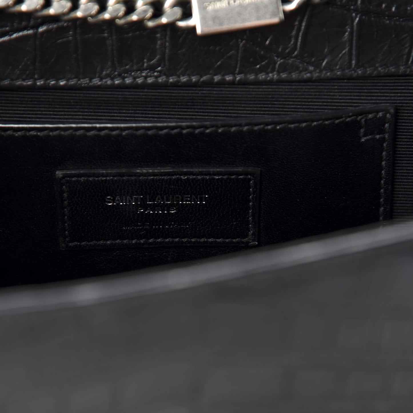 Calfskin Crocodile Embossed Medium Classic Monogram Kate Tassel Satchel Black