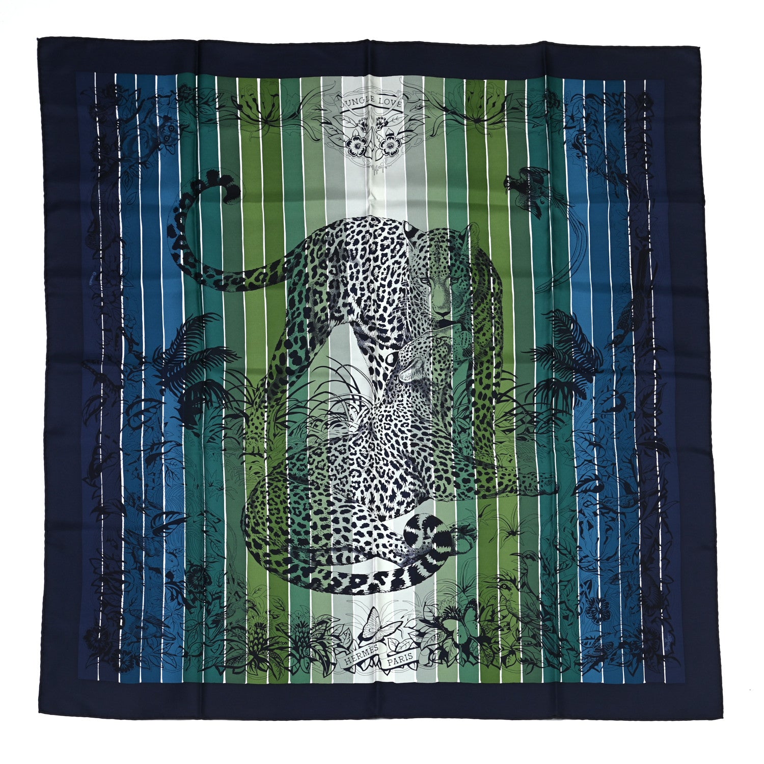 Hermes Silk Carre Jungle Love Rainbow Scarf 90 Marine Vert Petrole 1 of 5