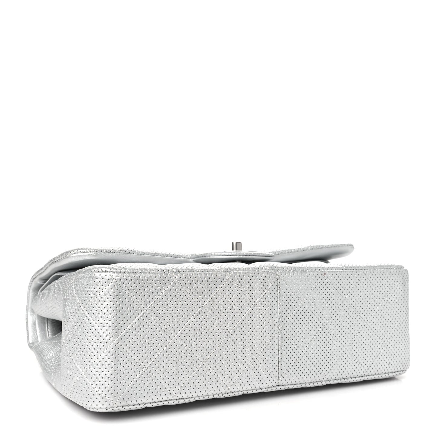 Metallic Perforated Lambskin Quilted Jumbo Double Flap Light Silver