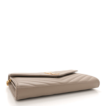 Saint Laurent Lambskin Matelasse Chevron Monogram Chain Wallet Dusty Grey 4 of 13