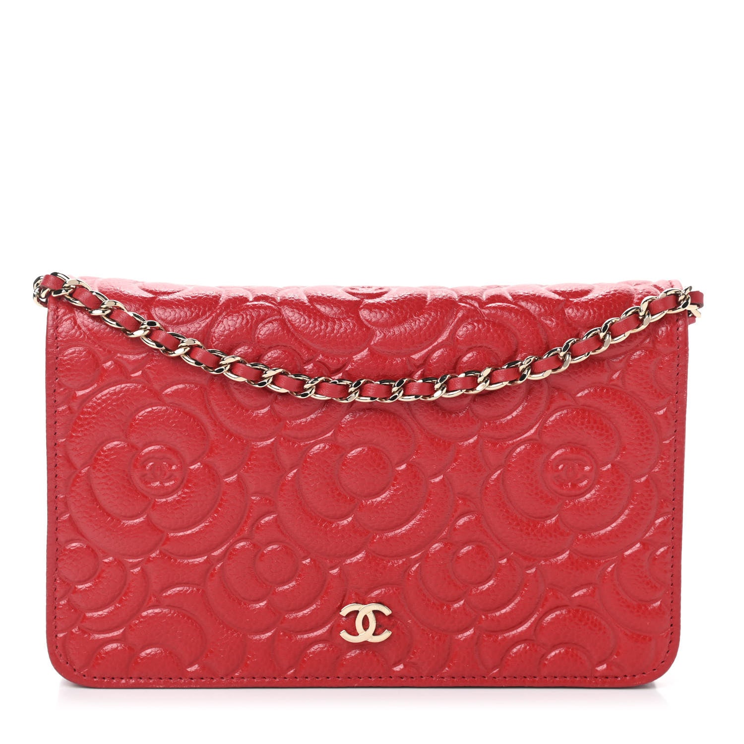 Chanel Caviar Camellia Embossed Wallet On Chain WOC Red 1 of 10