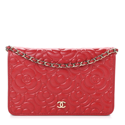 Chanel Caviar Camellia Embossed Wallet On Chain WOC Red 1 of 10