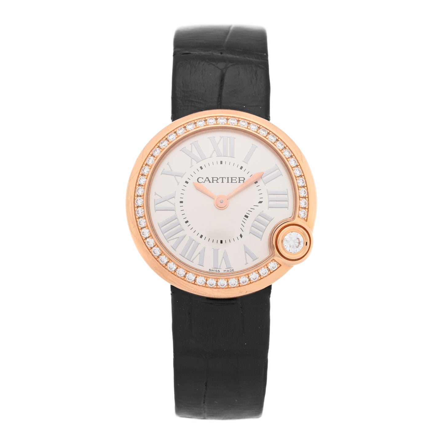 18K Pink Gold Alligator Diamond Bezel 30mm Ballon Blanc De Cartier Quartz Watch