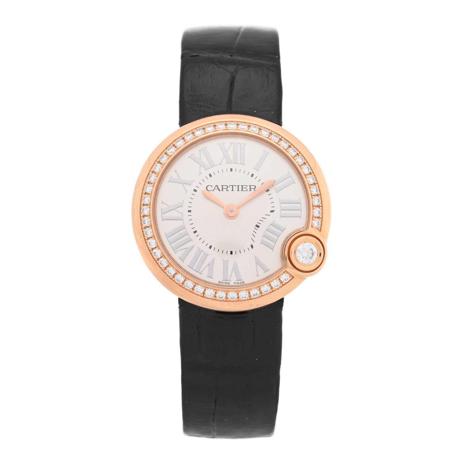 Cartier 18K Pink Gold Alligator Diamond Bezel 30mm Ballon Blanc De Cartier Quartz Watch 1 of 4