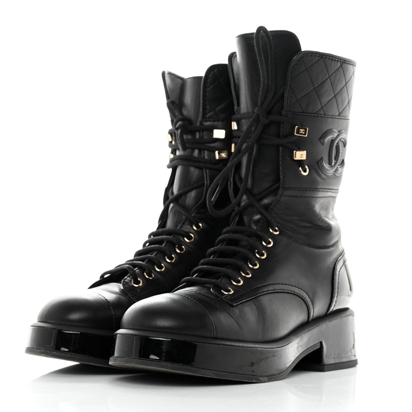 Lambskin Patent Calfskin Quilted CC Lace Up Combat Boots 37 Black