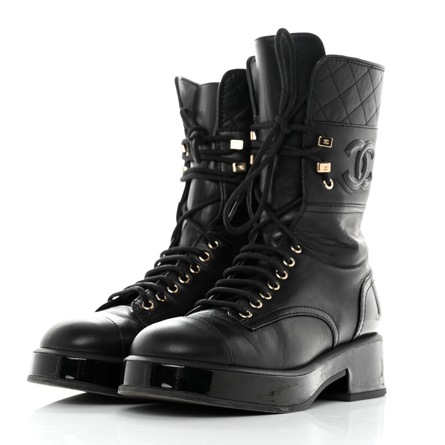 Chanel Lambskin Patent Calfskin Quilted CC Lace Up Combat Boots 37 Black 3 of 12