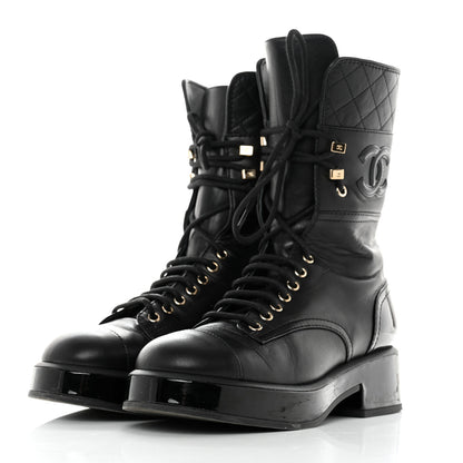 Chanel Lambskin Patent Calfskin Quilted CC Lace Up Combat Boots 37 Black 3 of 12
