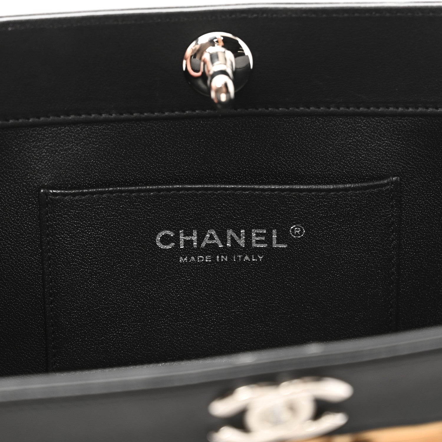Chanel Rattan Calfskin CC Chain Wristlet Clutch Black Beige 6 of 10