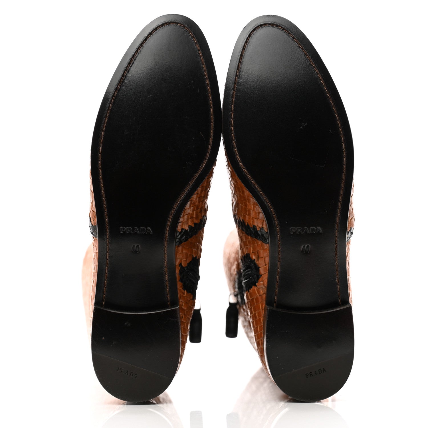Prada Woven Calfskin Bicolor Tall Boots 40 Caramel Black 5 of 10