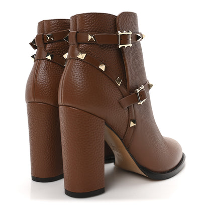 Valentino Garavani Pebbled Calfskin Rockstud Double Buckle 70mm Block Heel Ankle Boots 37.5 Bright Cognac 5 of 9