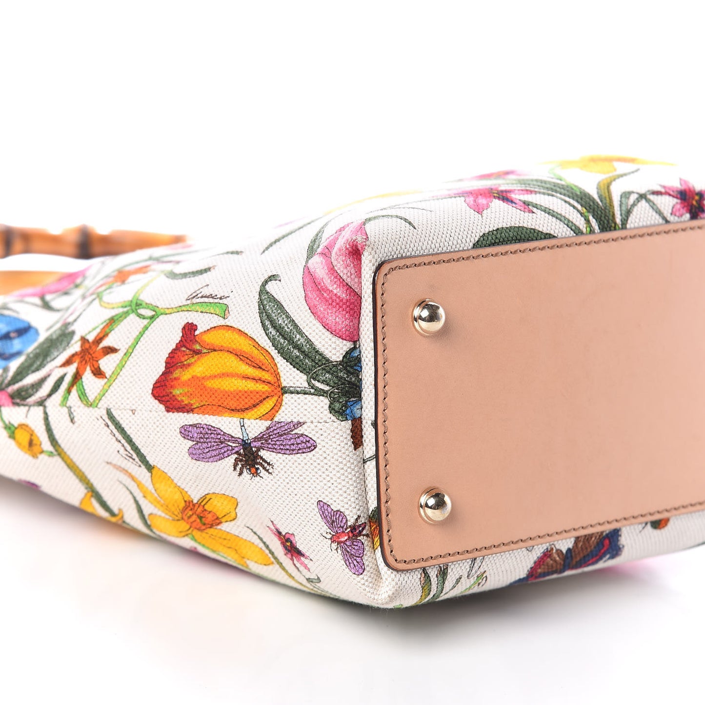Canvas Floral Flora Bamboo Handle Bag White