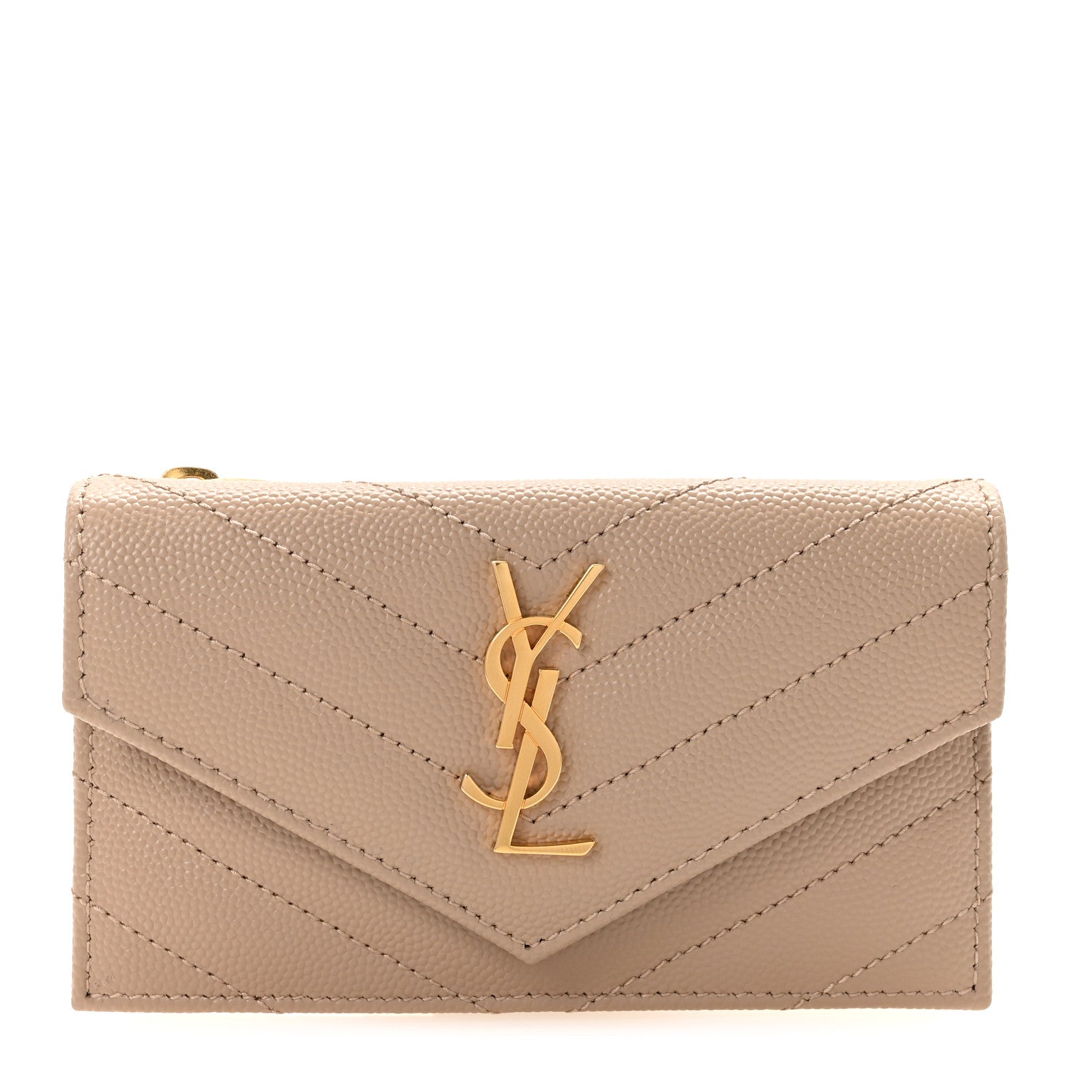 Saint Laurent Grain De Poudre Matelasse Chevron Monogram Compact Wallet Dark Beige 1 of 7