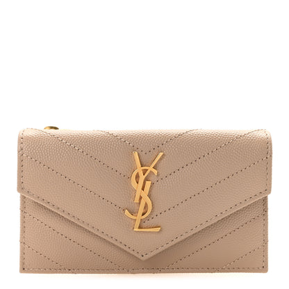 Saint Laurent Grain De Poudre Matelasse Chevron Monogram Compact Wallet Dark Beige 1 of 7