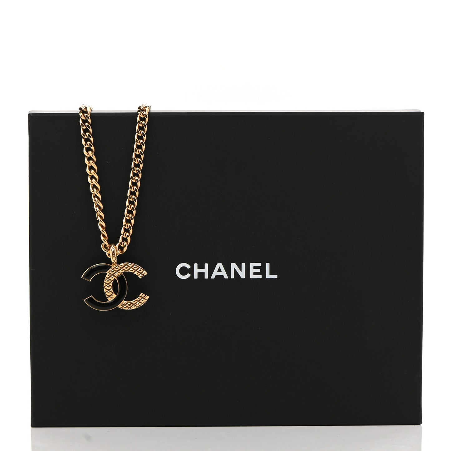 Metal Enamel Quilted CC Chain Necklace Pendant Gold Black