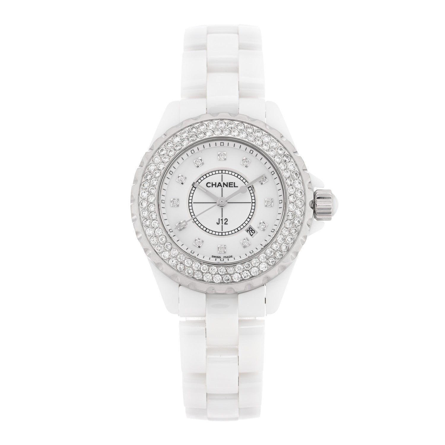 Chanel Stainless Steel Ceramic Diamond Pave Bezel 33mm J12 Quartz Watch White 1 of 4