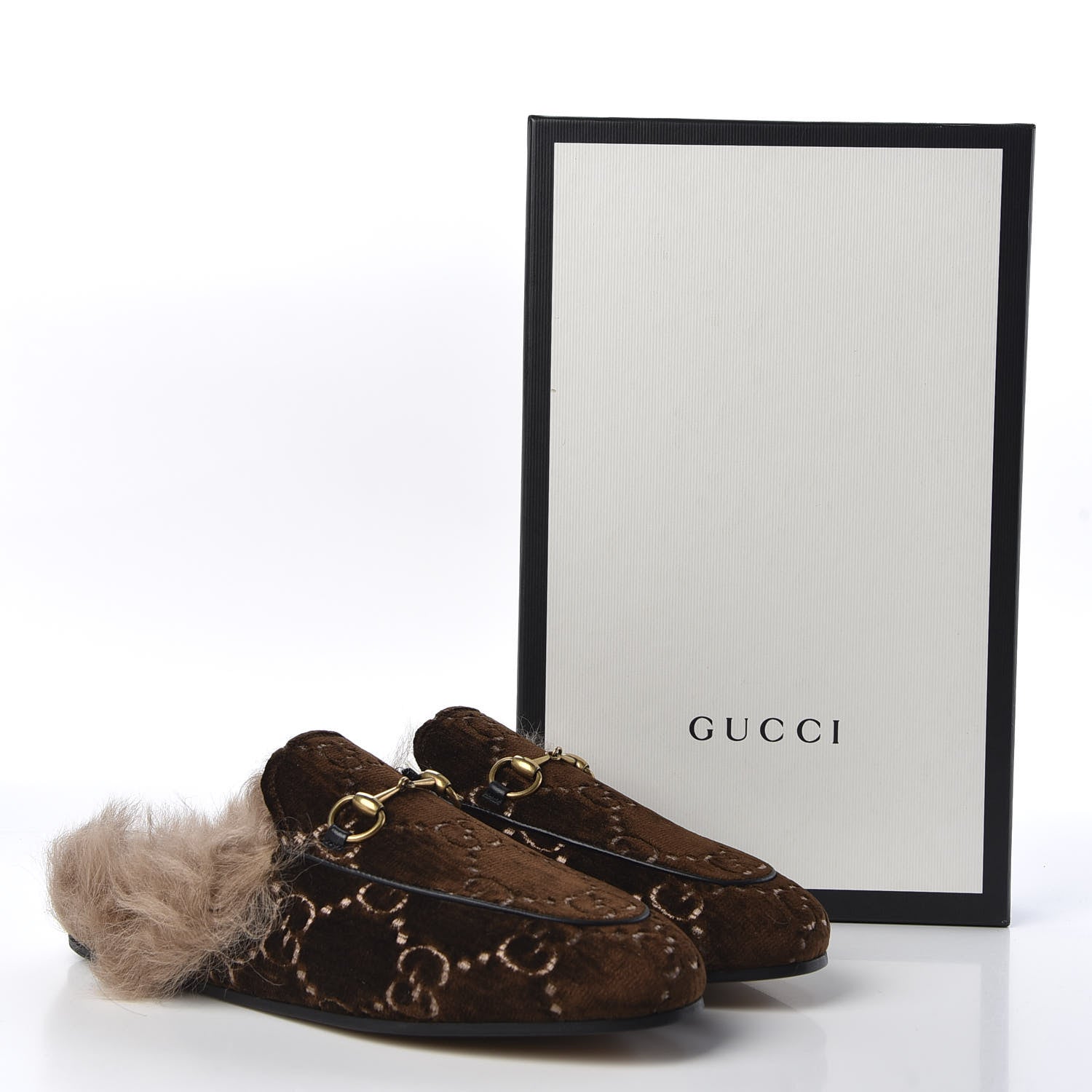 Gucci Velvet GG Monogram Fur Womens Princetown Slippers 37.5 Brown Black Natural 9 of 9
