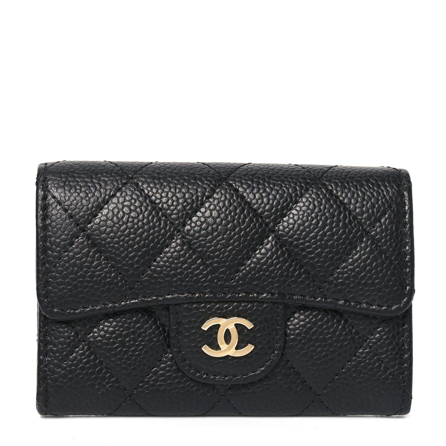 Caviar Quilted Flap Card Holder Wallet Black