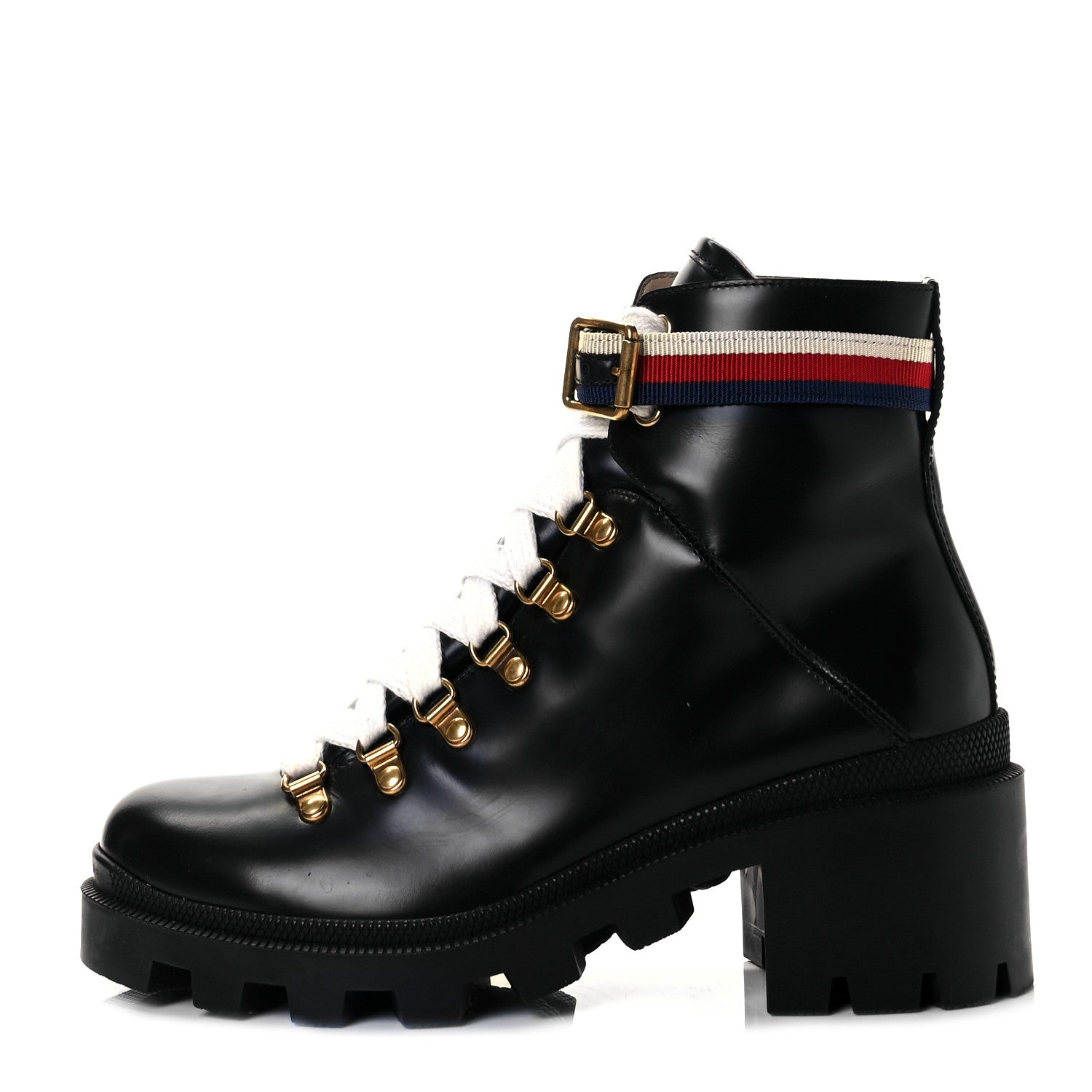 Gucci Calfskin Sylvie Web Lace Up Combat Boots 38.5 Black 1 of 8