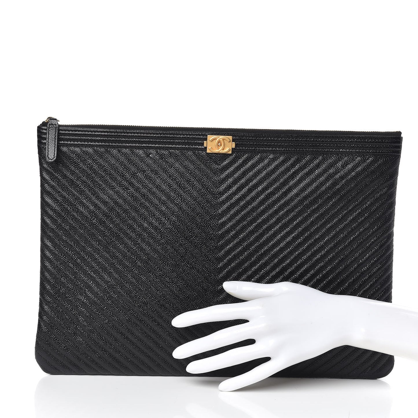 Caviar Chevron Quilted Large Boy Cosmetic Case Black