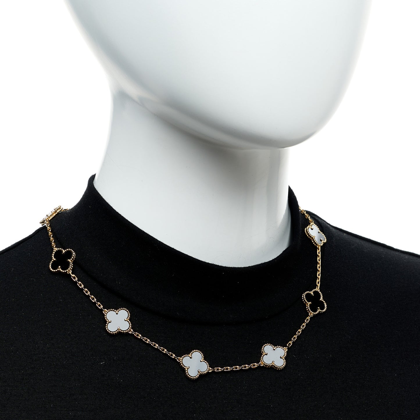 18K Yellow Gold Black Onyx 10 Motifs Vintage Alhambra Necklace