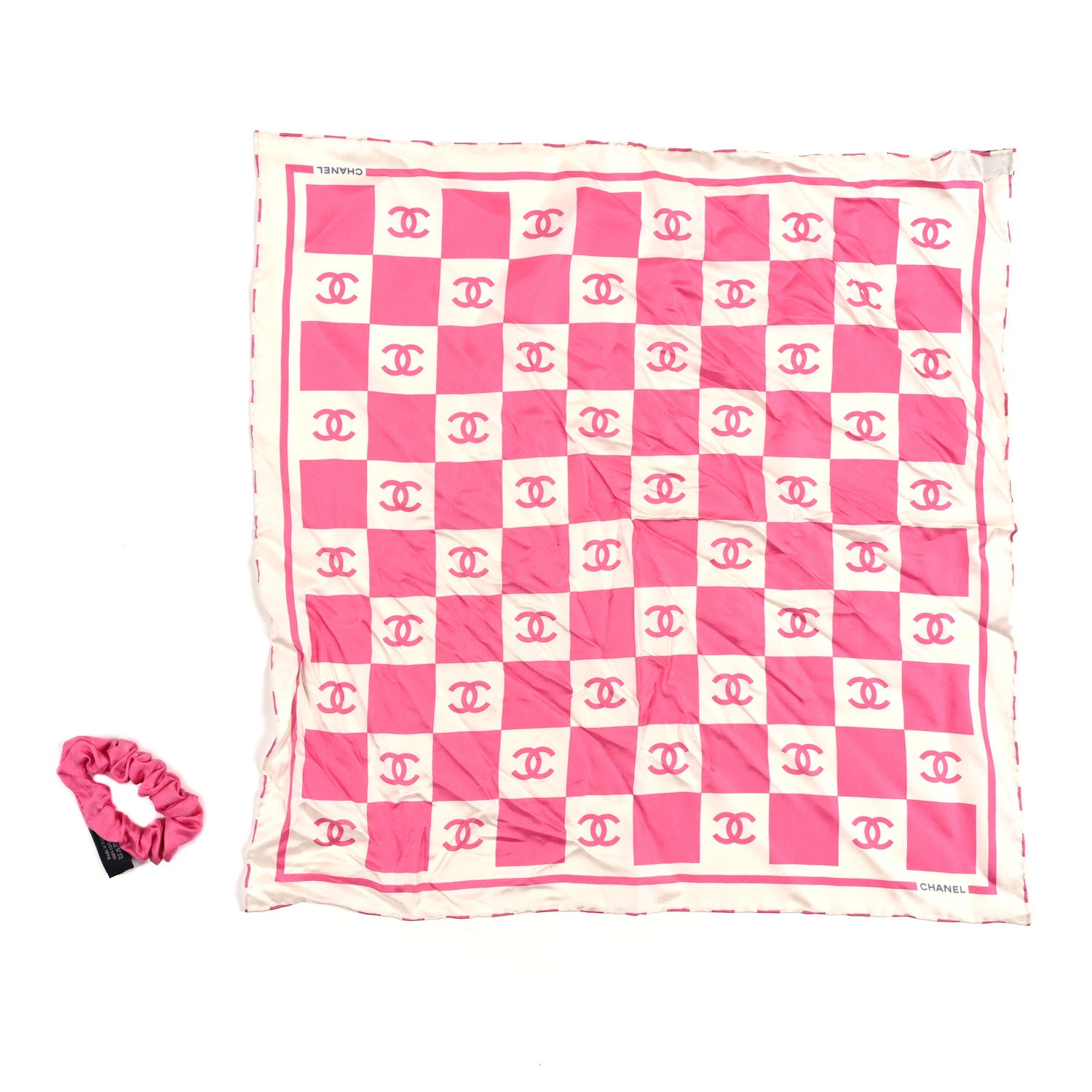 Chanel Silk CC Scarf Hair Tie Pink Ecru 2 of 4