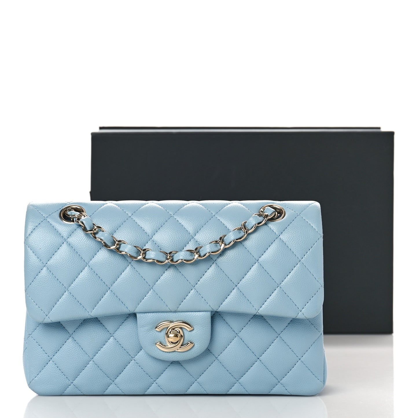 Caviar Quilted Small Double Flap Light Blue
