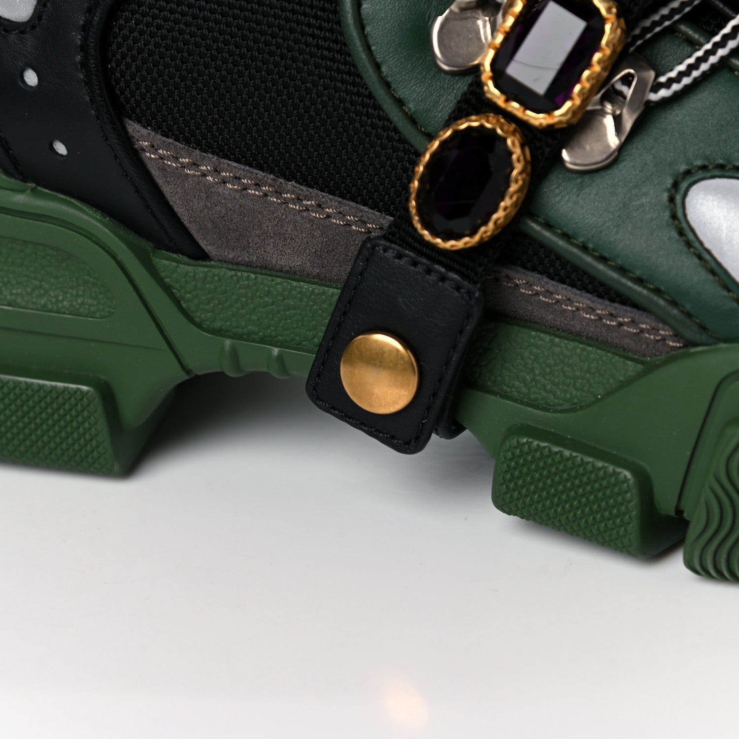 Gucci X SEGA Mesh Suede Calfskin Removable Crystals Mens Flashtrek Sneakers 8.5 Loess Black Olive Green 11 of 13