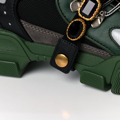 Gucci X SEGA Mesh Suede Calfskin Removable Crystals Mens Flashtrek Sneakers 8.5 Loess Black Olive Green 11 of 13