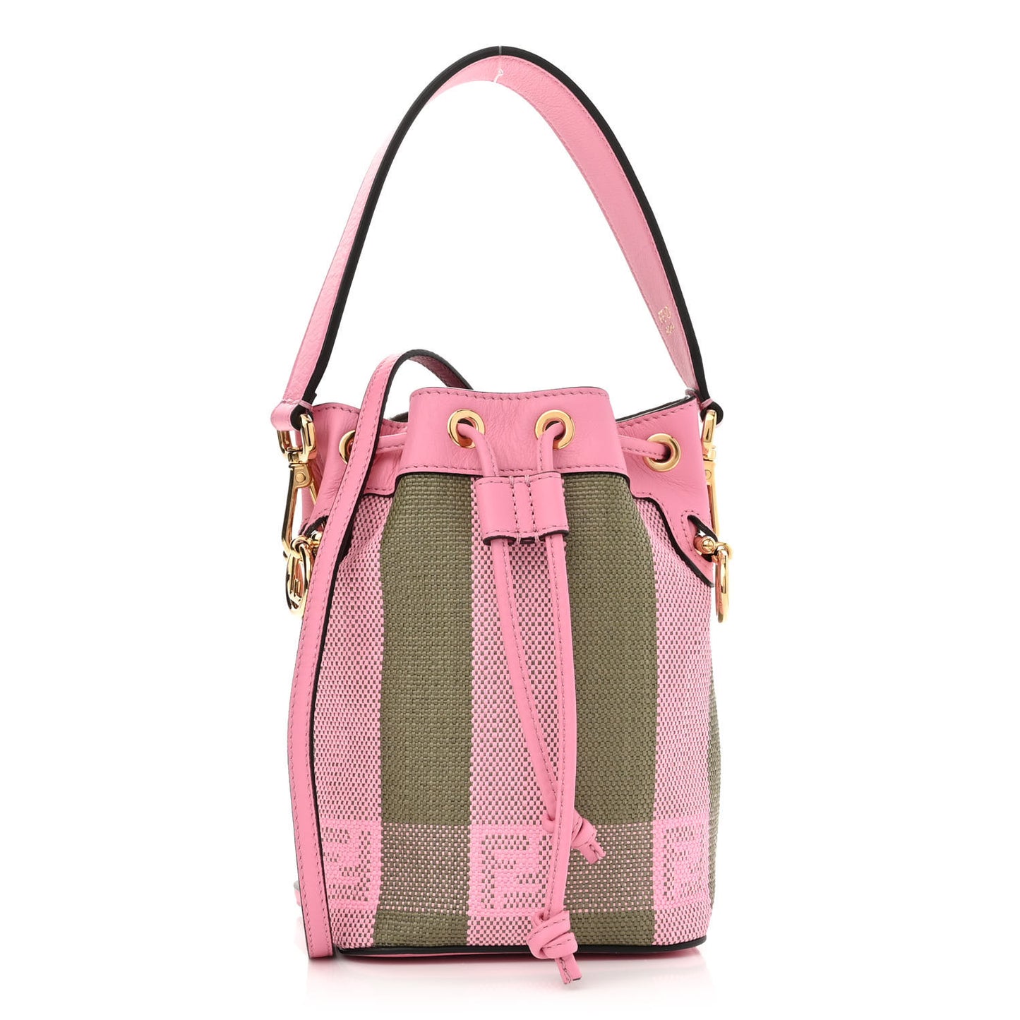 Raffia Vitello Seta F is Fendi Pequin Gingham Woven Mini Mon Tresor Bucket Bag Military Rosa Lollypop