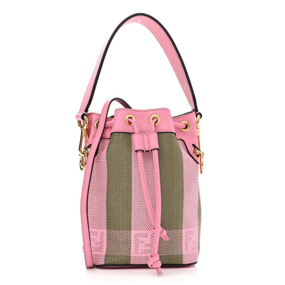 Fendi Raffia Vitello Seta F is Fendi Pequin Gingham Woven Mini Mon Tresor Bucket Bag Military Rosa Lollypop 1 of 10