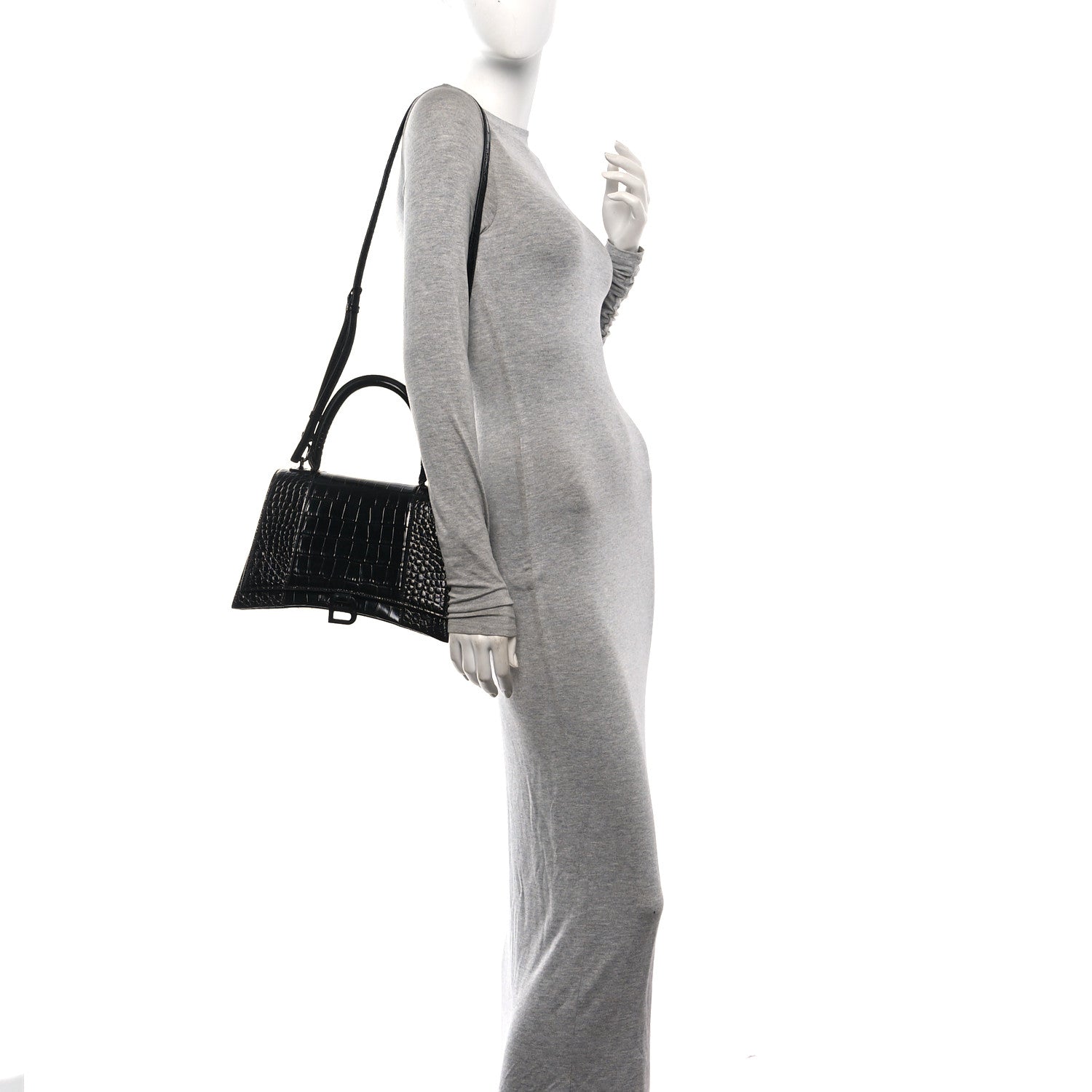 Balenciaga Shiny Calfskin Monochrome Crocodile Embossed Medium Hourglass Top Handle Bag Black 2 of 9