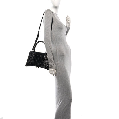 Balenciaga Shiny Calfskin Monochrome Crocodile Embossed Medium Hourglass Top Handle Bag Black 2 of 9