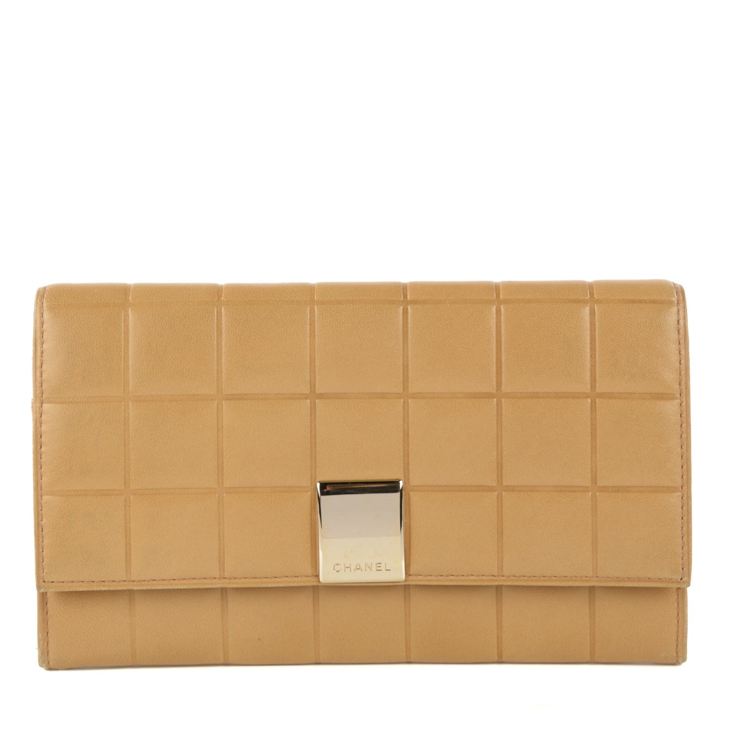 Lambskin Chocolate Bar Quilted Long Wallet Beige