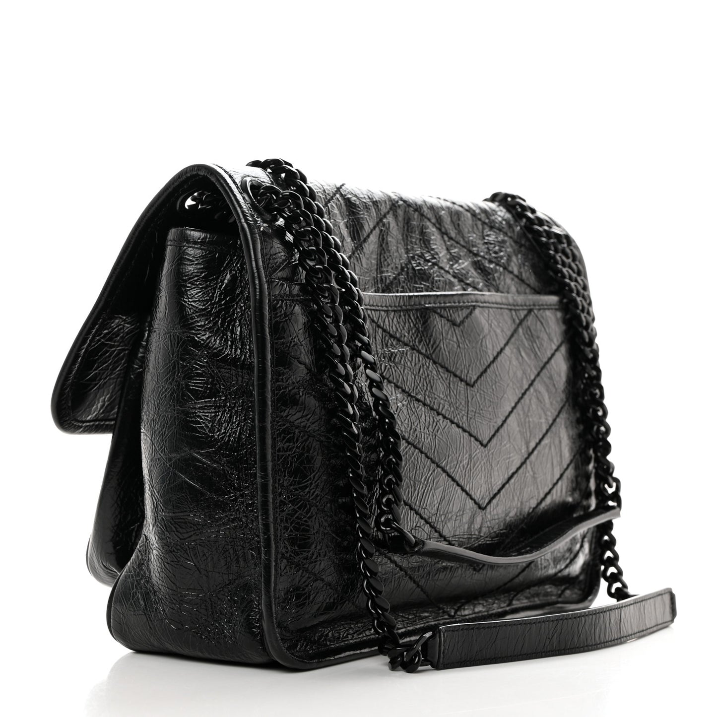 Crinkled Calfskin Matelasse Monogram Medium Niki Chain Satchel Black