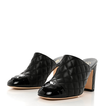 Chanel Patent Calfskin Quilted Cap Toe CC Mules 37 Black 3 of 9