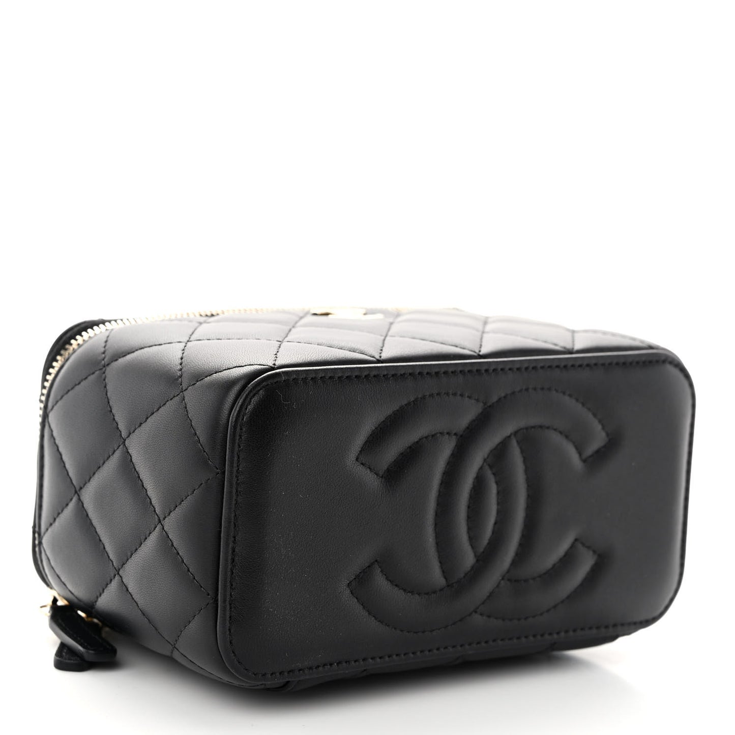 Lambskin Quilted Small Top Handle Vanity Case With Chain Black
