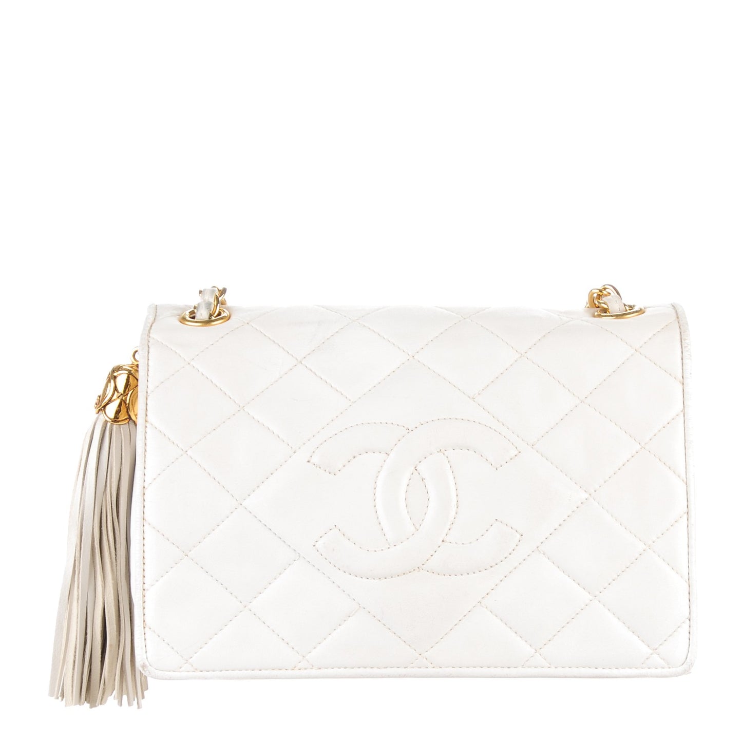 Lambskin Quilted Small Tassel Single Flap White