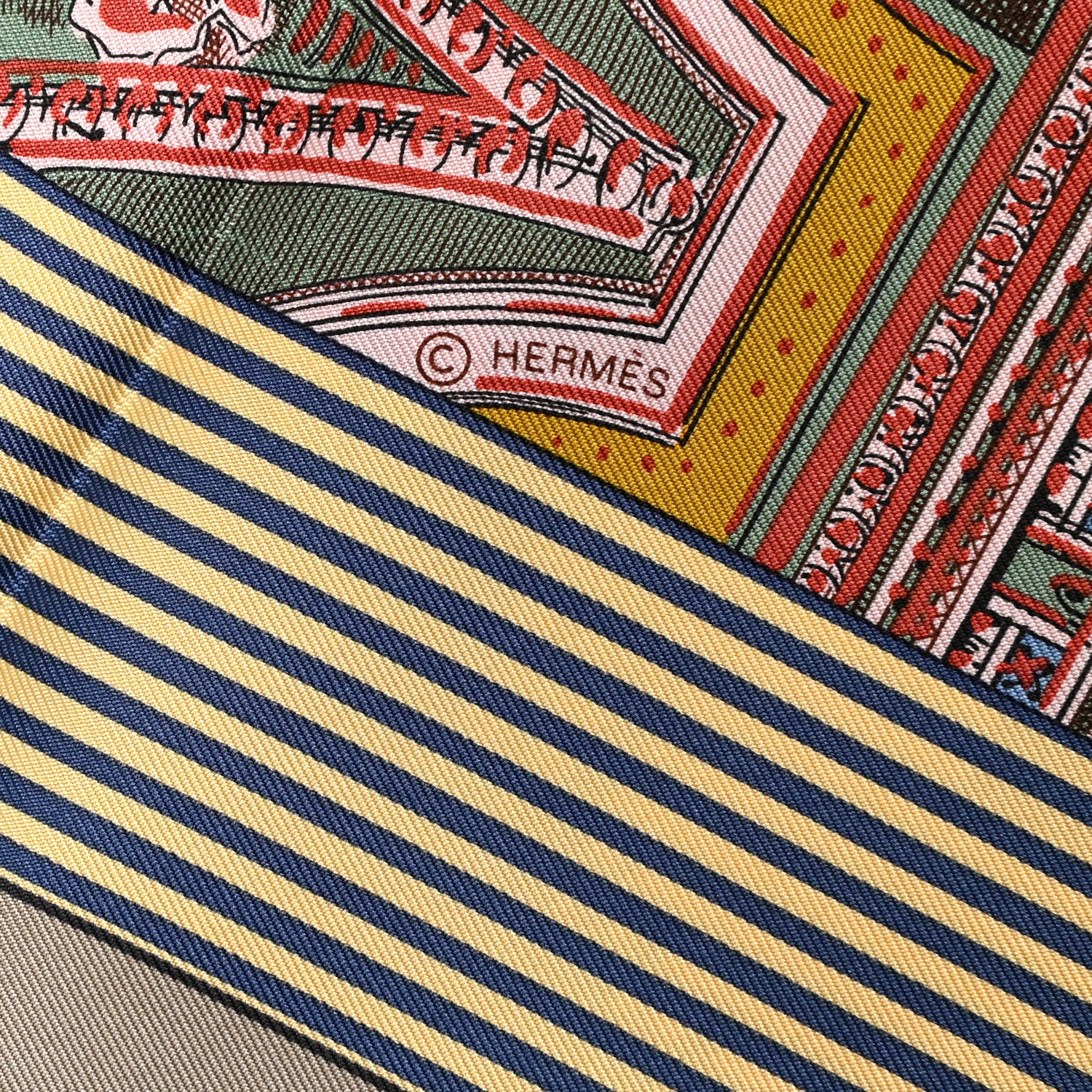 Hermes Silk Twill Grande Theatre Nouveau Scarf 90 Bleu Jean Vert Moutarde 5 of 6