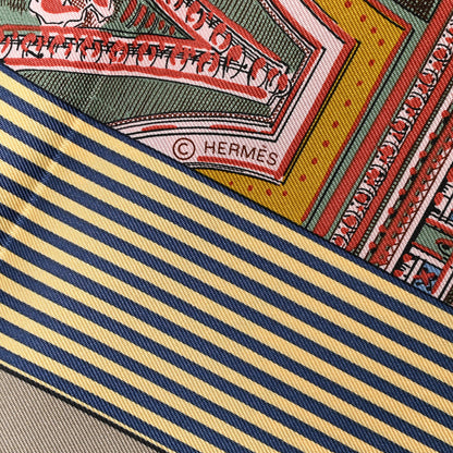 Hermes Silk Twill Grande Theatre Nouveau Scarf 90 Bleu Jean Vert Moutarde 5 of 6
