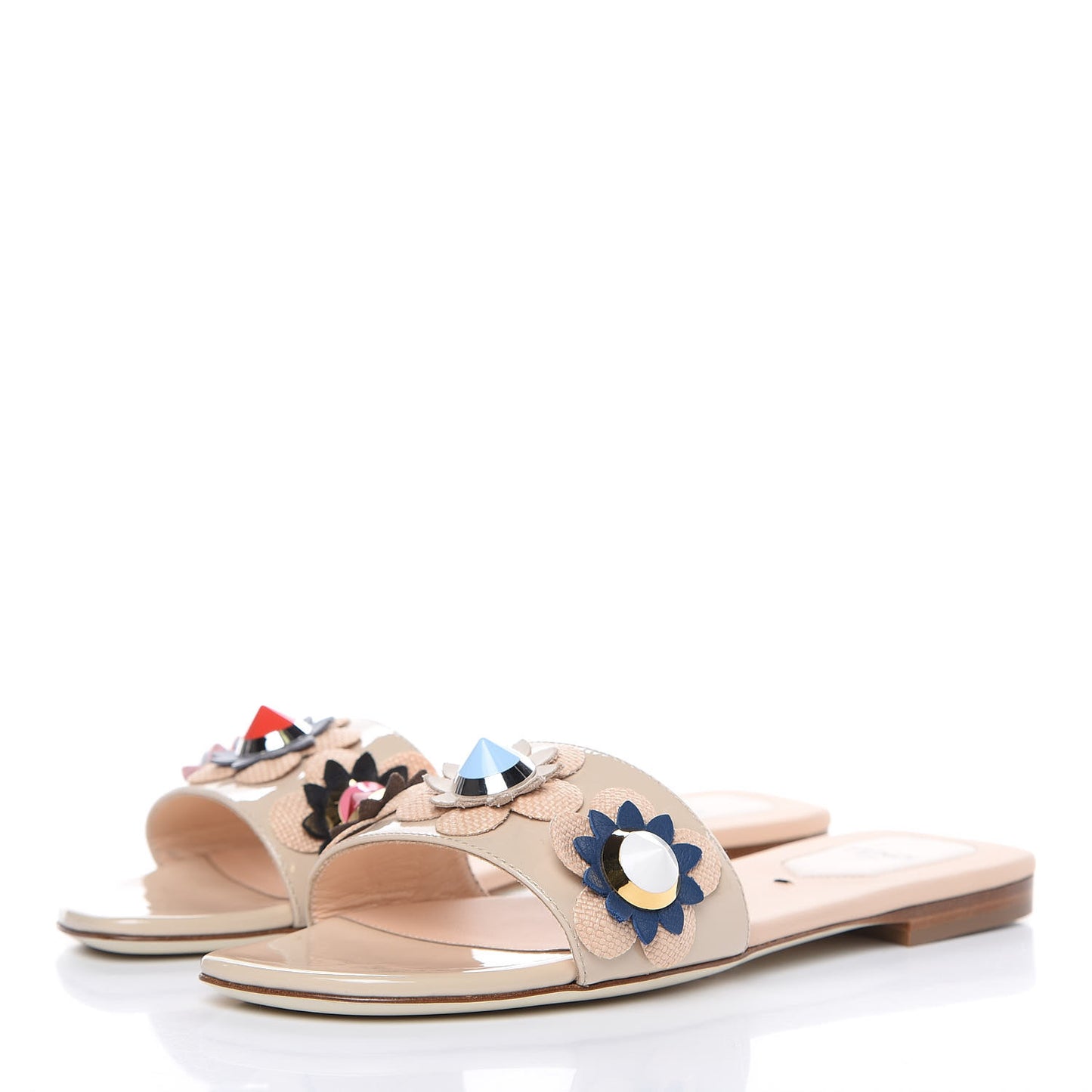 Calfskin Flowerland Flat Slide Sandals 36 Cappucino