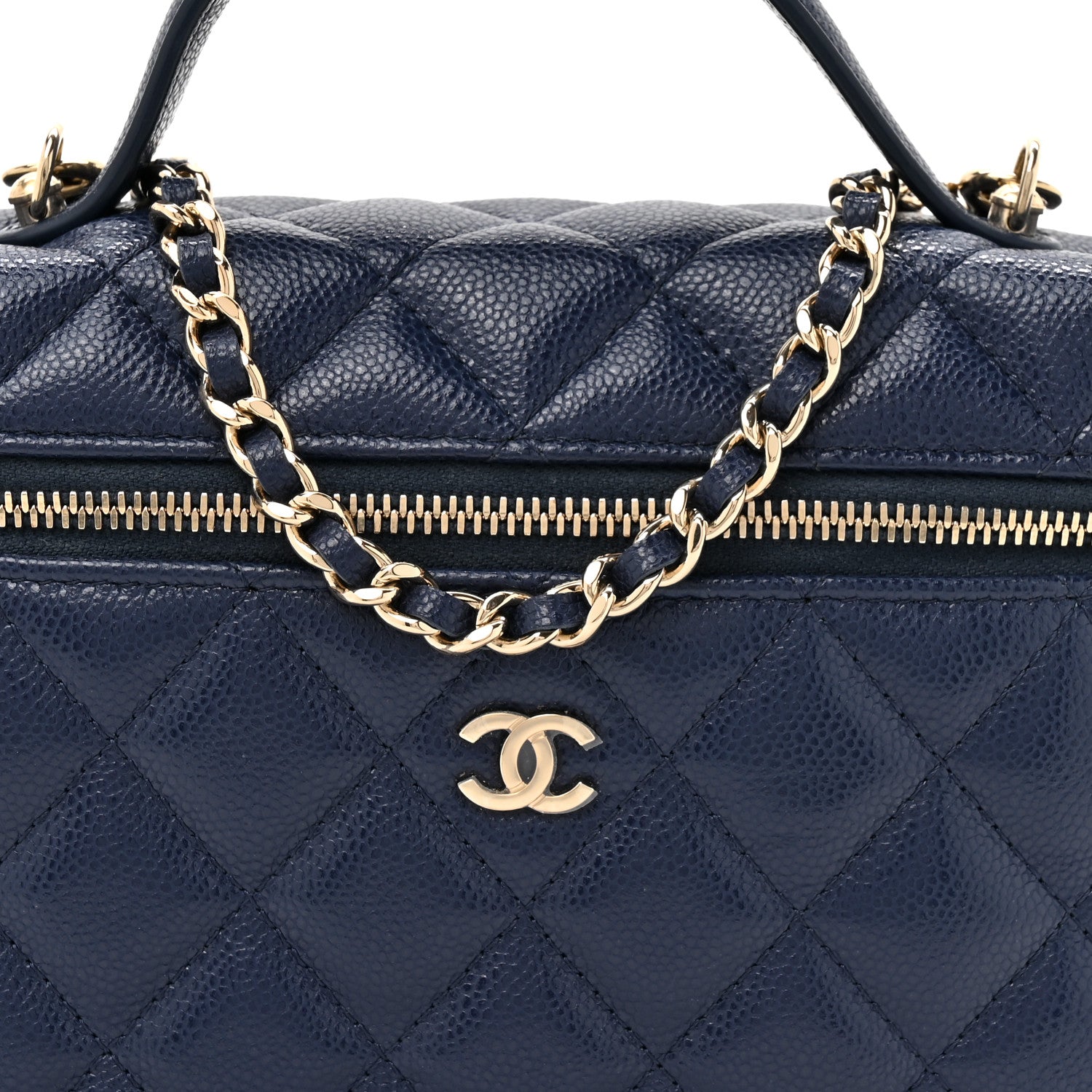 Chanel Caviar Quilted Top Handle Slim Vanity With Chain Navy