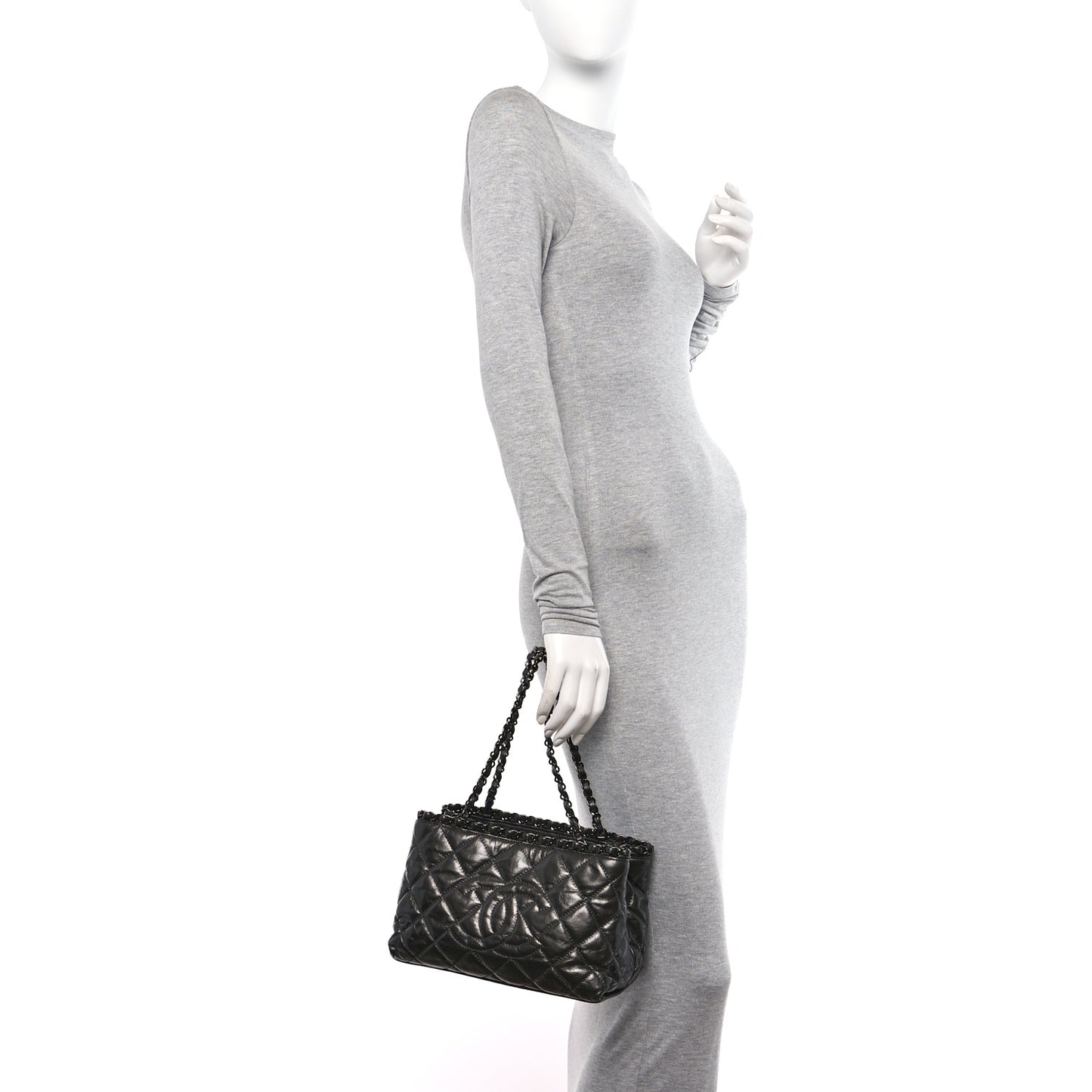 Metallic Aged Calfskin Quilted Small Chain Me Tote Silver