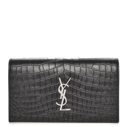 Saint Laurent Calfskin Crocodile Embossed Classic Kate Monogram Clutch Black 1 of 6