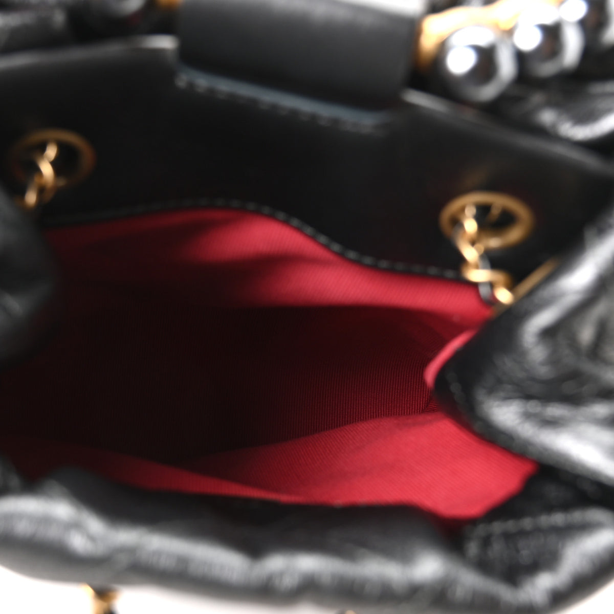 Metallic Lambskin Quilted Pearl Crown Drawstring Bag Anthracite