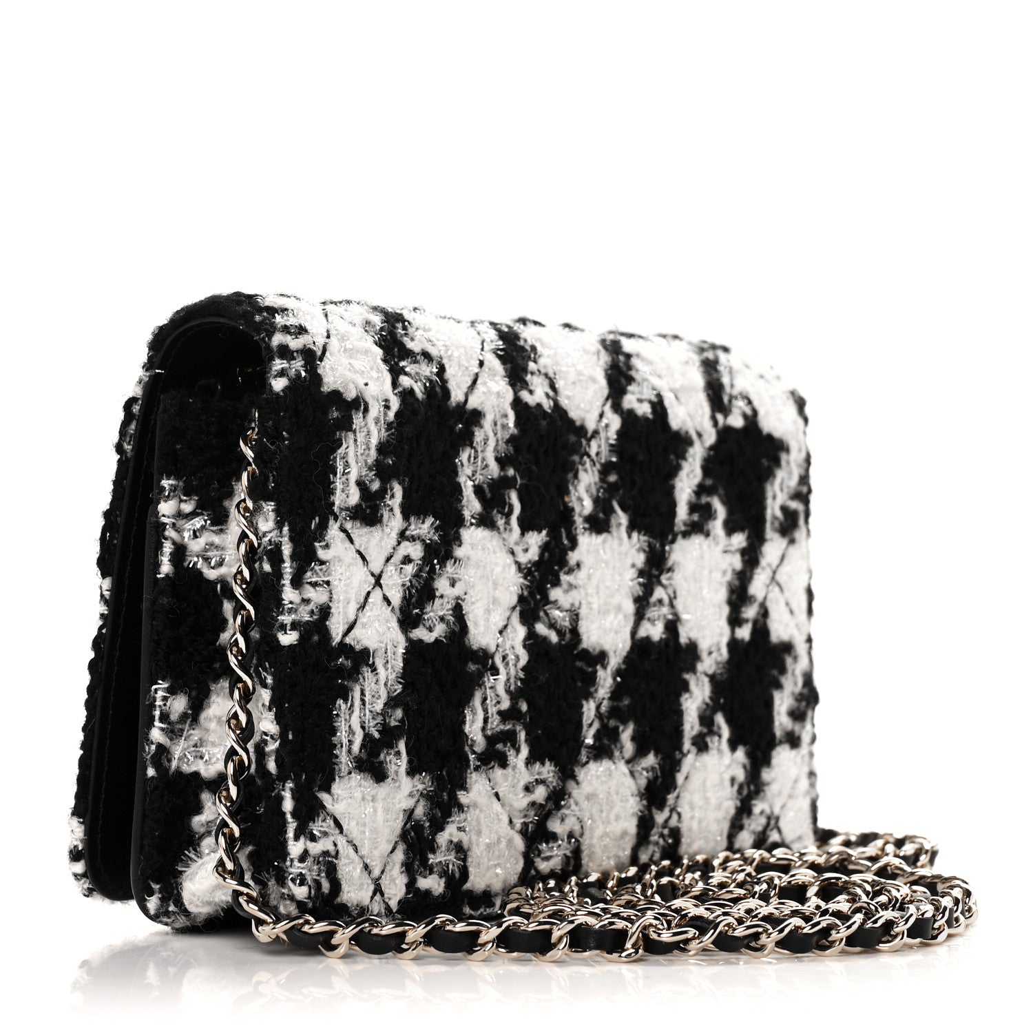 Chanel Tweed Shearling Quilted Chanel Wallet On Chain WOC and Coin Purse White Black 3 of 10
